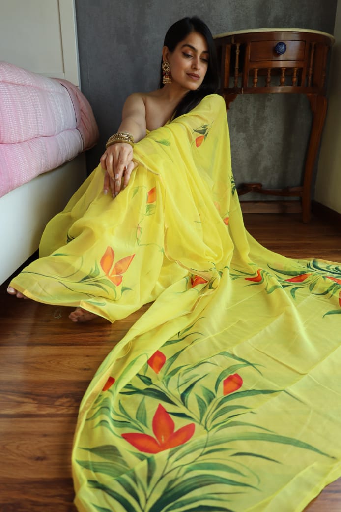 Hand Painted Chiffon Saree with Zari Border – Soft & Elegant Party Wear