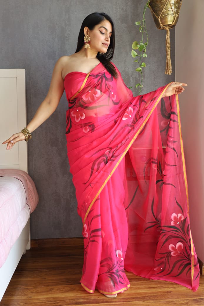Hand Painted Chiffon Saree with Zari Border – Soft & Elegant Party Wear