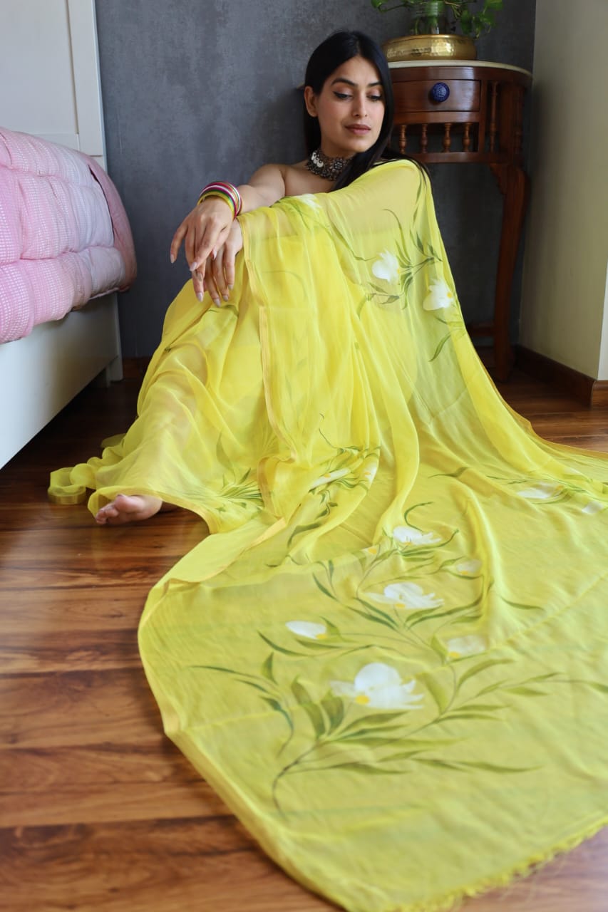 Hand Painted Chiffon Saree with Zari Border – Soft & Elegant Party Wear