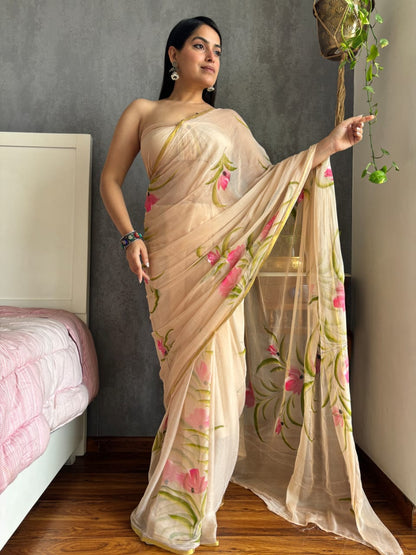 Hand Painted Chiffon Saree with Zari Border – Soft & Elegant Party Wear