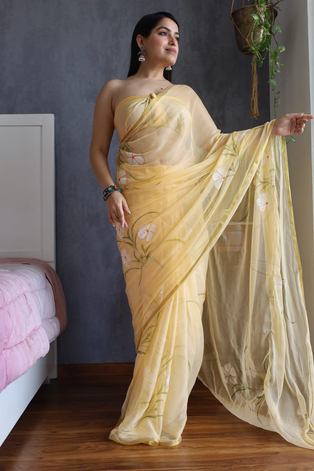 Hand Painted Chiffon Saree with Zari Border – Soft & Elegant Party Wear