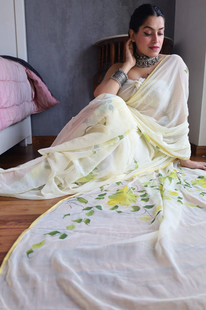 Hand Painted Chiffon Saree with Zari Border – Soft & Elegant Party Wear