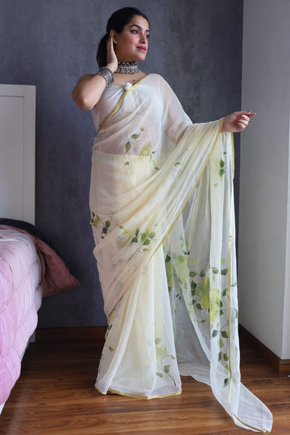 Hand Painted Chiffon Saree with Zari Border – Soft & Elegant Party Wear