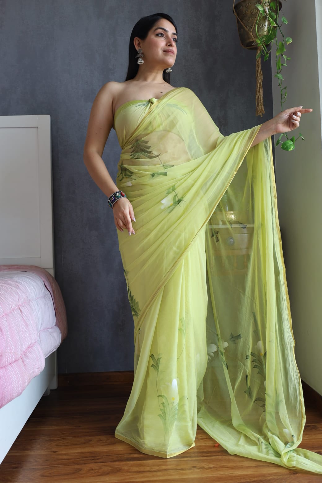 Hand Painted Chiffon Saree with Zari Border – Soft & Elegant Party Wear