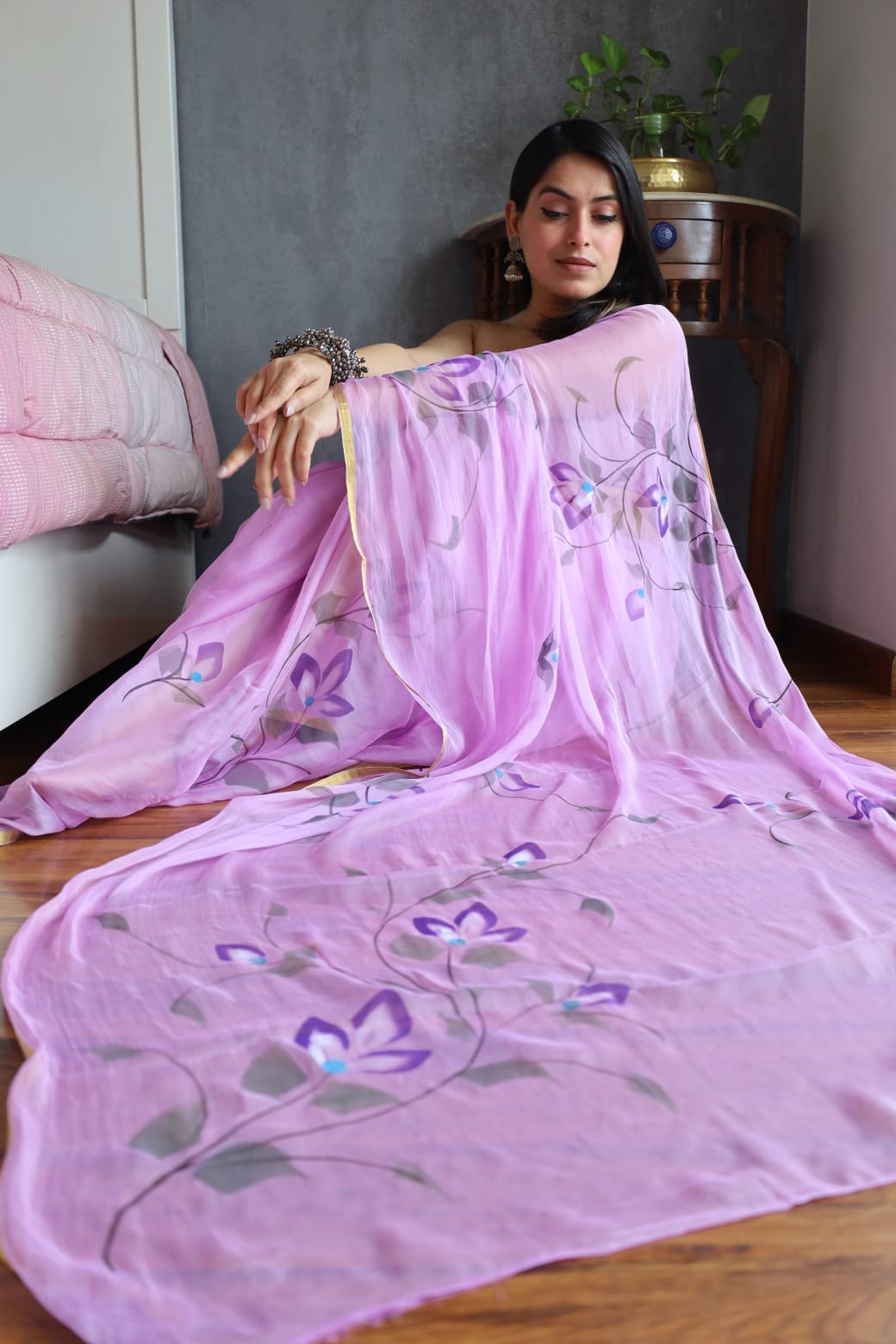 Hand Painted Chiffon Saree with Zari Border – Soft & Elegant Party Wear