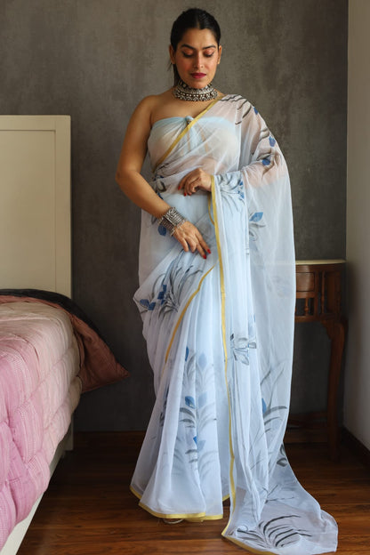 Hand Painted Chiffon Saree with Zari Border – Soft & Elegant Party Wear