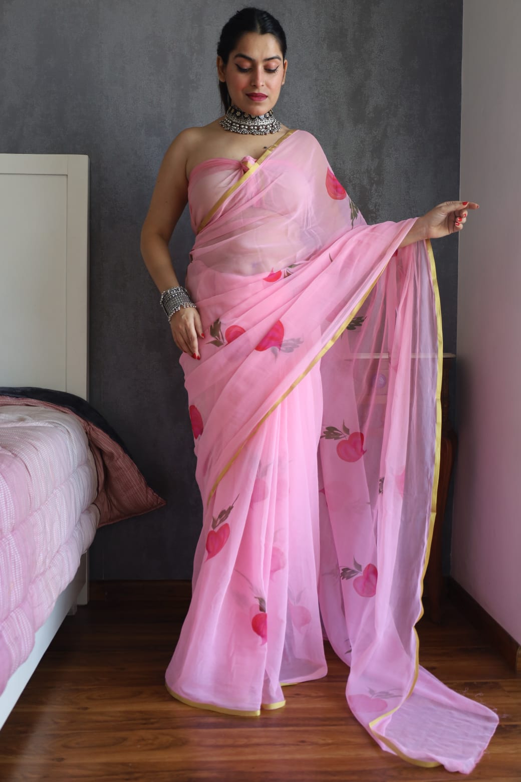 Hand Painted Chiffon Saree with Zari Border – Soft & Elegant Party Wear