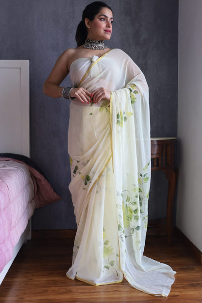 Hand Painted Chiffon Saree with Zari Border – Soft & Elegant Party Wear