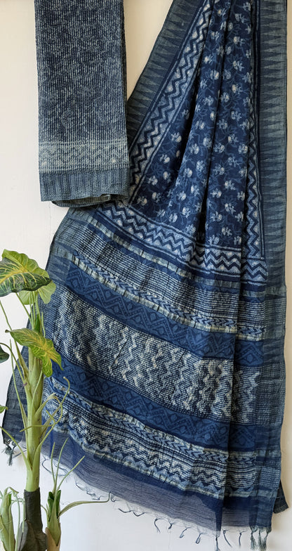 Hand Block Printed Cotton Silk Saree with Temple Border (Ajrakh & Dabu)