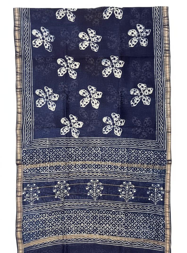 Traditional Hand Block Printed Maheshwari Silk Saree with Zari