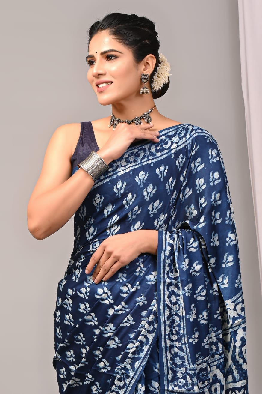 Exclusive Natural-Dye Ajrakh Vanaspati Pure Modal Silk Saree + Printed Blouse
