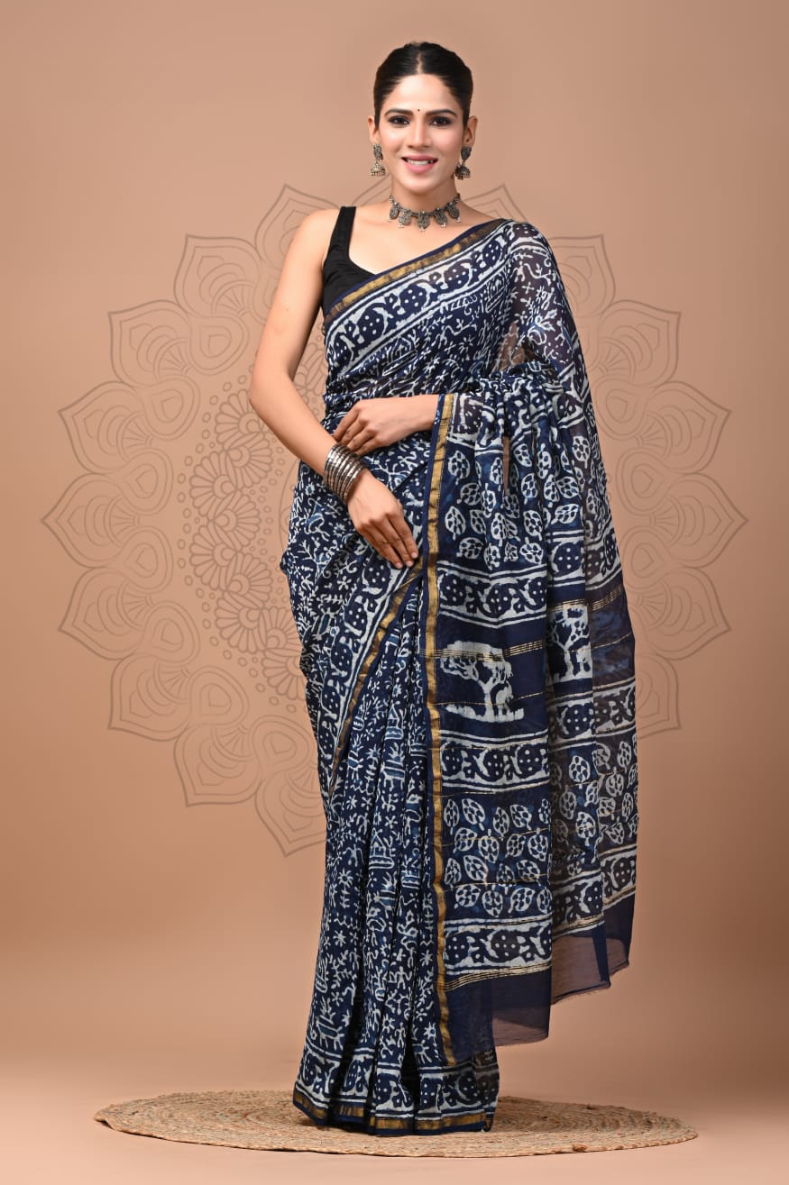 Hand Block Printed Bagru Pure Chanderi Saree with Blouse Piece