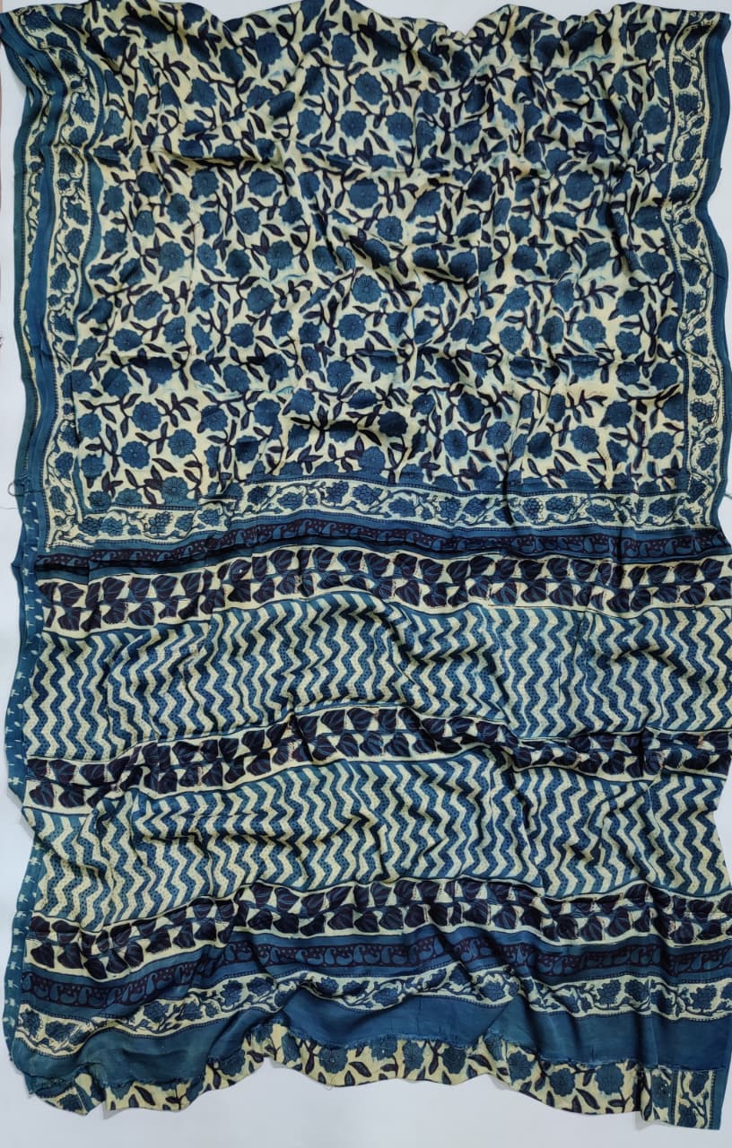 Premium Natural Ajrakh Hand Block Printed Modal Silk Saree