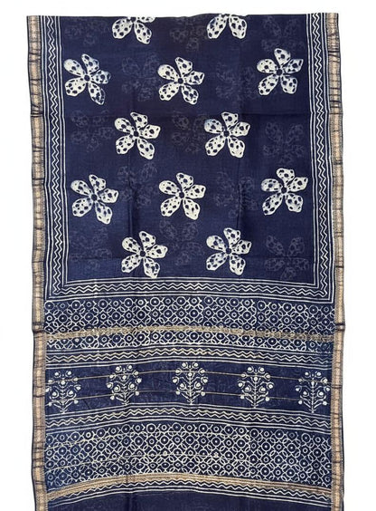 Traditional Hand Block Printed Maheshwari Silk Saree with Zari