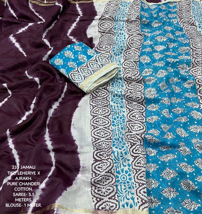 Soft Pure Chanderi Leheriya Saree with Ajrakh Pallu + Cotton Tassels