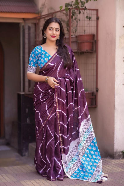 Soft Pure Chanderi Leheriya Saree with Ajrakh Pallu + Cotton Tassels