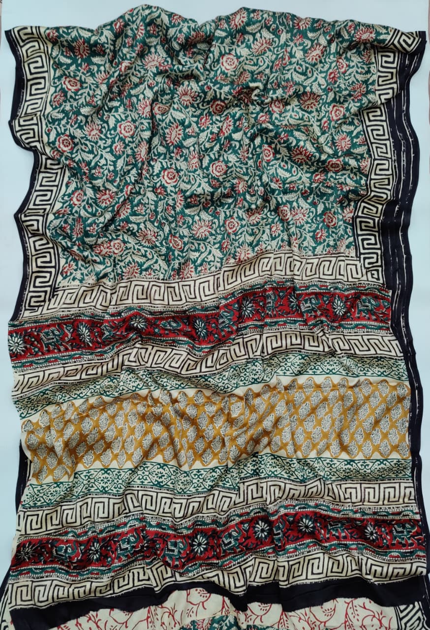 Premium Natural Ajrakh Hand Block Printed Modal Silk Saree