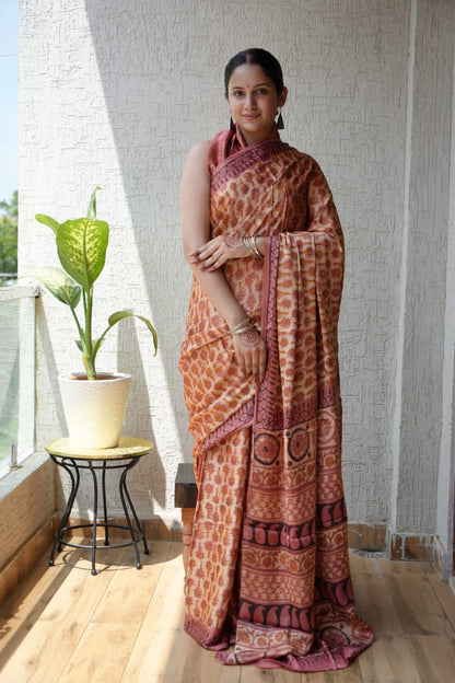 Exclusive Natural-Dye Ajrakh Vanaspati Pure Modal Silk Saree + Printed Blouse