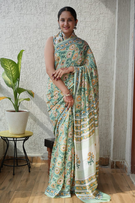 Soothing Ajrakh Vanaspati Natural Dye Modal Silk Saree + Printed Blouse