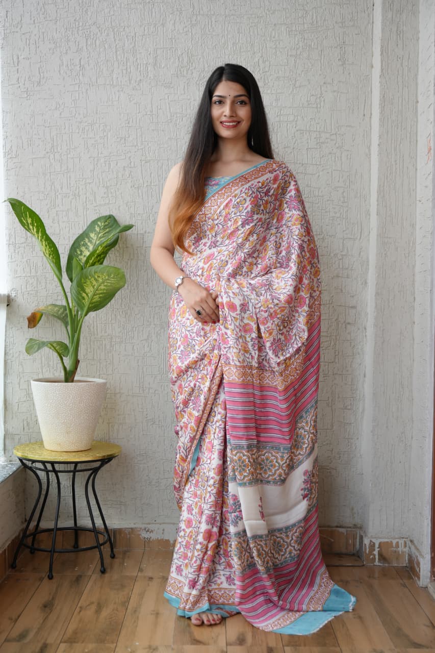 Soothing Ajrakh Vanaspati Natural Dye Modal Silk Saree + Printed Blouse