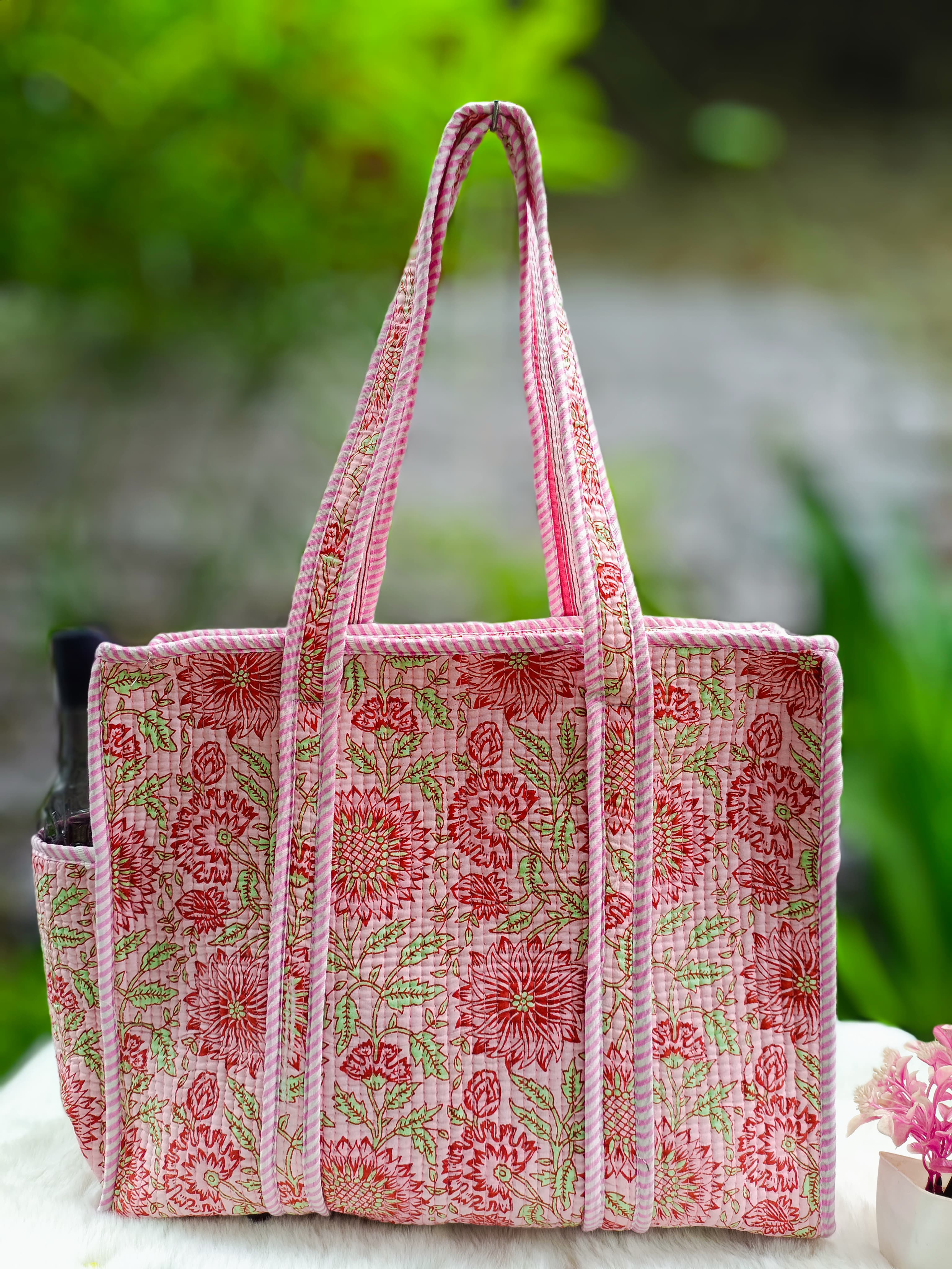 Cotton Quilted Tote Bag with Zip & External Water Bottle Pocket