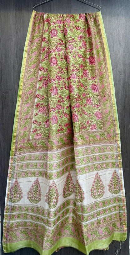 Hand Block Printed Bagru Pure Chanderi Saree with Blouse Piece