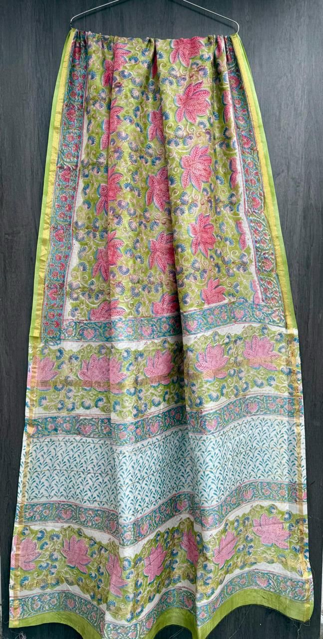 Hand Block Printed Bagru Pure Chanderi Saree with Blouse Piece