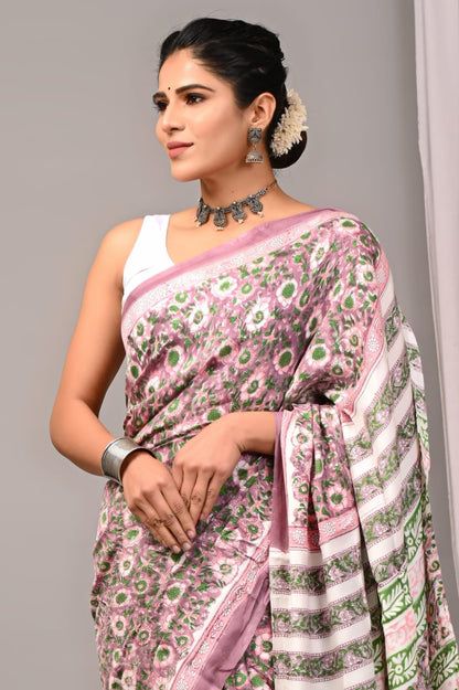 Soothing Ajrakh Vanaspati Natural Dye Modal Silk Saree + Printed Blouse