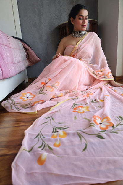 Hand Painted Chiffon Saree with Zari Border – Soft & Elegant Party Wear