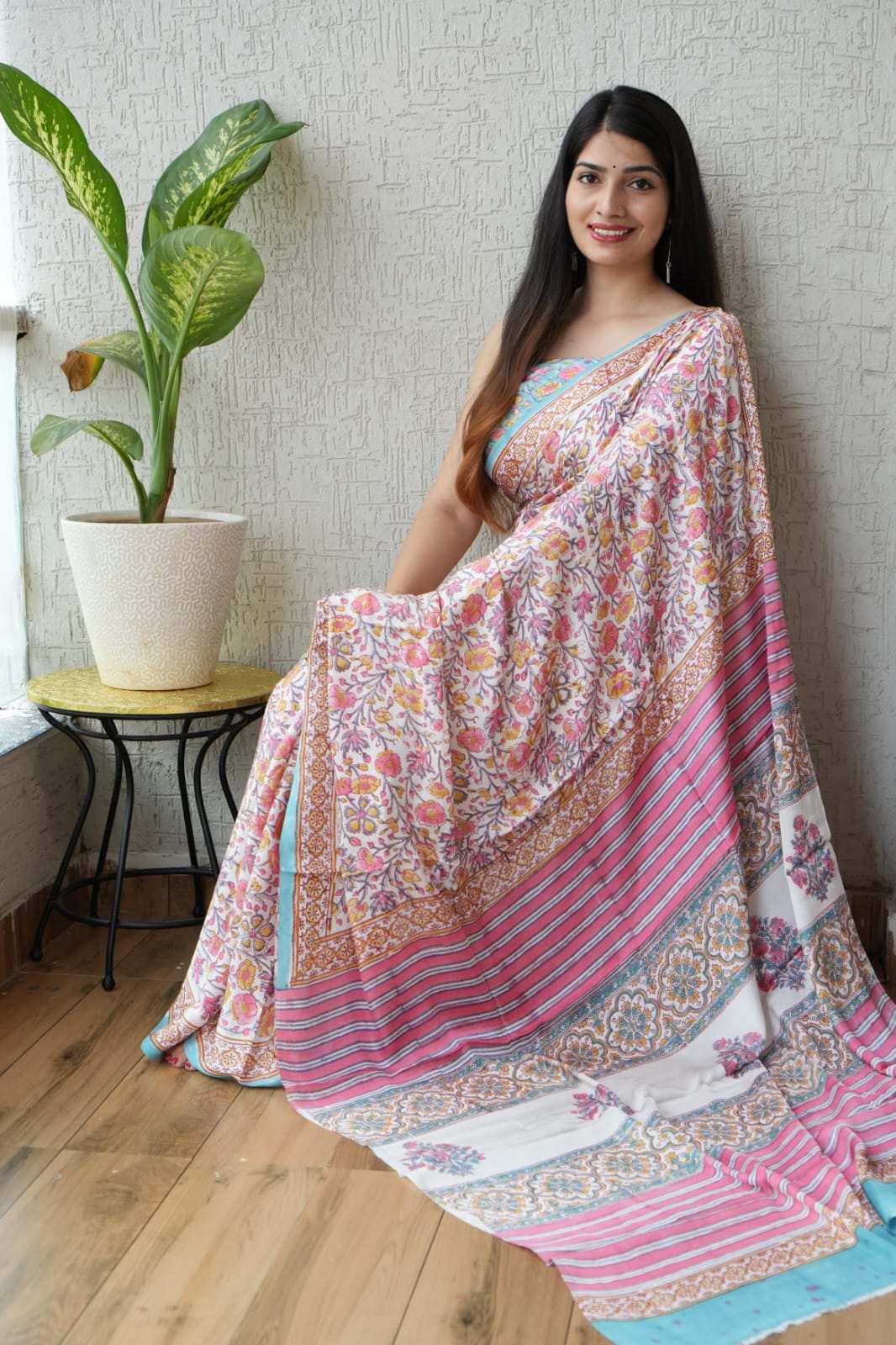 Soothing Ajrakh Vanaspati Natural Dye Modal Silk Saree + Printed Blouse