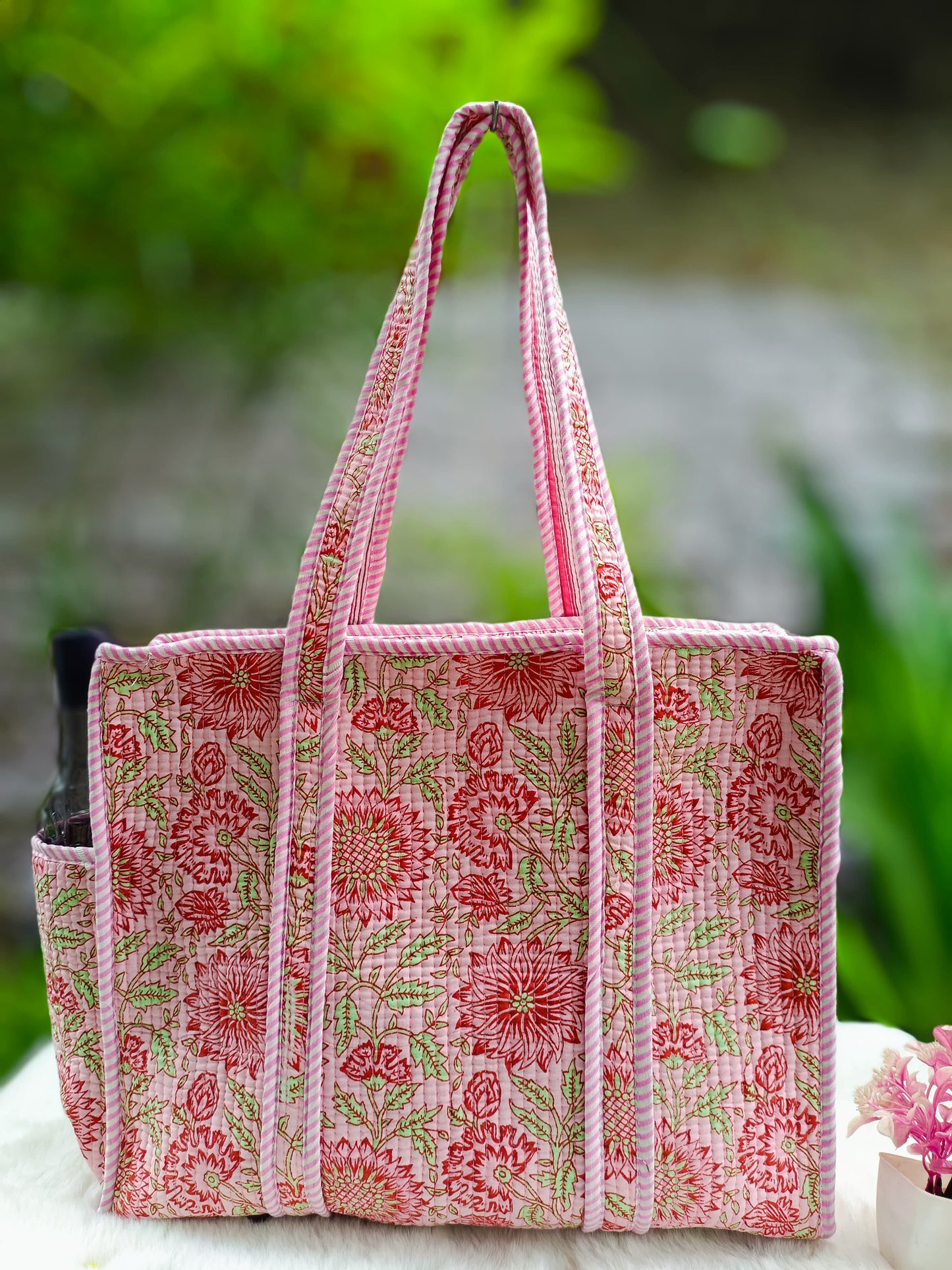 Cotton Quilted Tote Bag with Zip & External Water Bottle Pocket