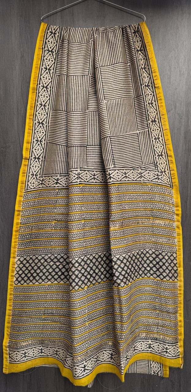 Hand Block Printed Bagru Pure Chanderi Saree with Blouse Piece