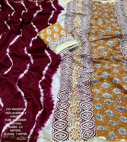 Soft Pure Chanderi Leheriya Saree with Ajrakh Pallu + Cotton Tassels