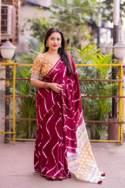 Soft Pure Chanderi Leheriya Saree with Ajrakh Pallu + Cotton Tassels