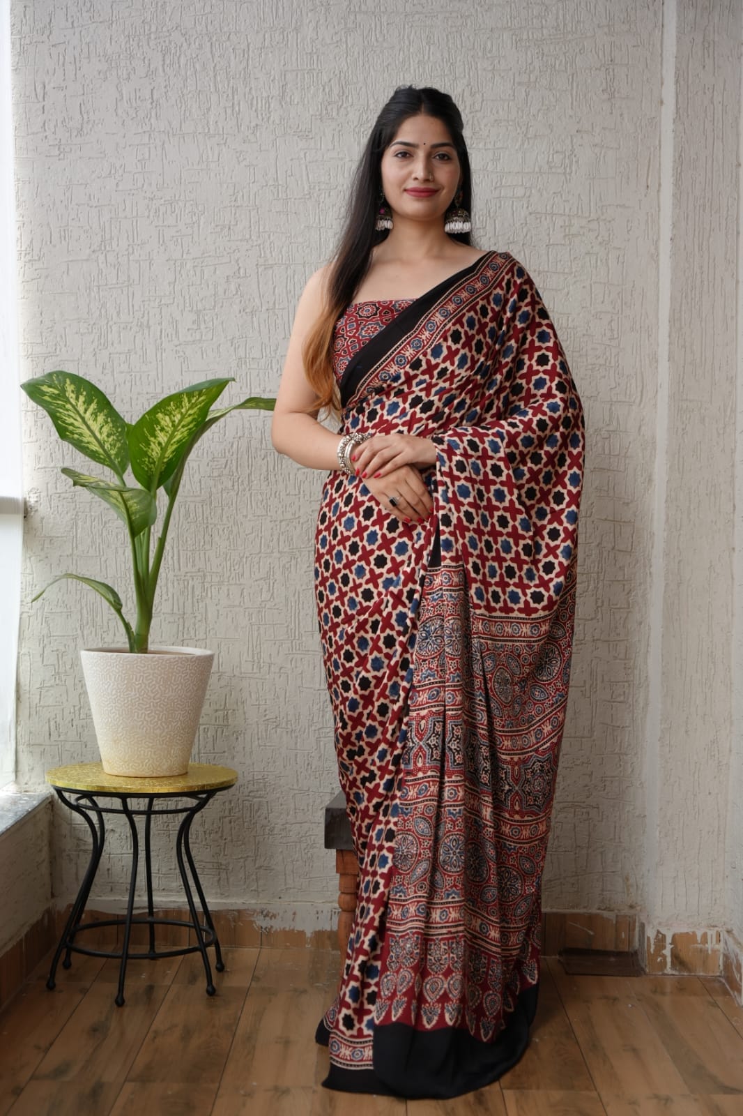 Pure Ajrakh Print Modal Silk Saree (Vegetable-Dyed) + Printed Blouse