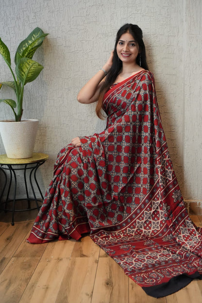 Pure Ajrakh Print Modal Silk Saree (Vegetable-Dyed) + Printed Blouse