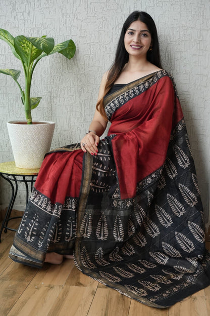 New Bagru Hand Block Printed Maheshwari Silk Saree