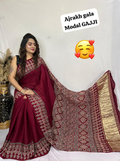 Pure Modal Silk Ajrakh Saree with Lagadi Patta (Hand Print)