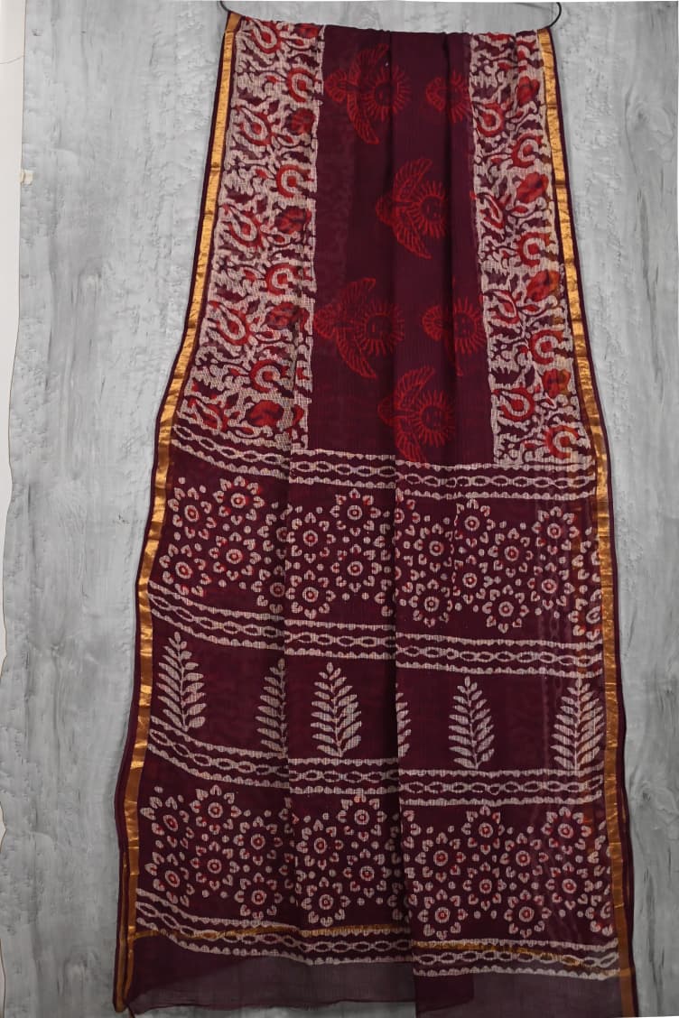 Kota Doriya Hand Block Printed Saree with Blouse (Natural Dye)