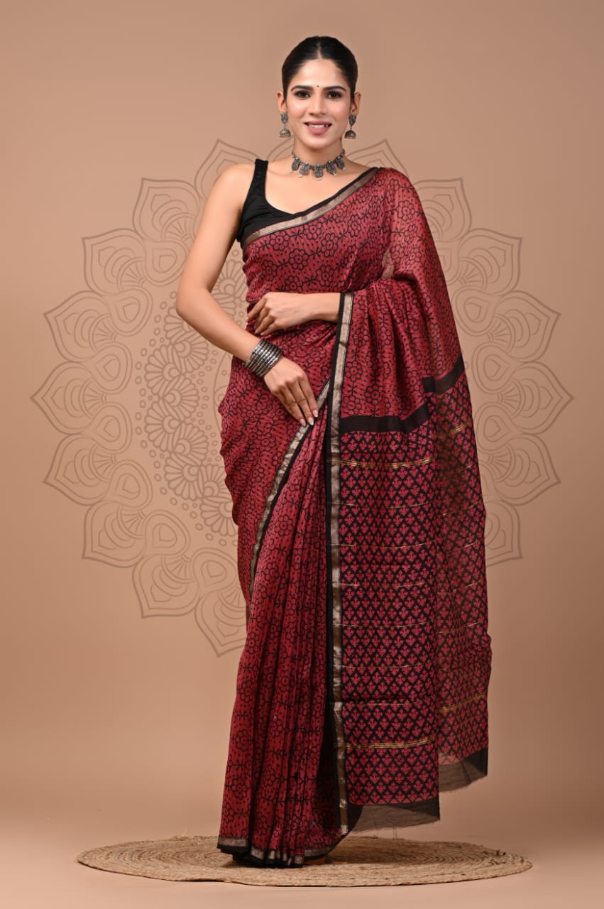 Hand Block Printed Bagru Pure Chanderi Saree with Blouse Piece