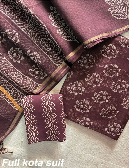 Premium Pure Full Kota Doria Suit | Hand Block Printed Silk Cotton Set