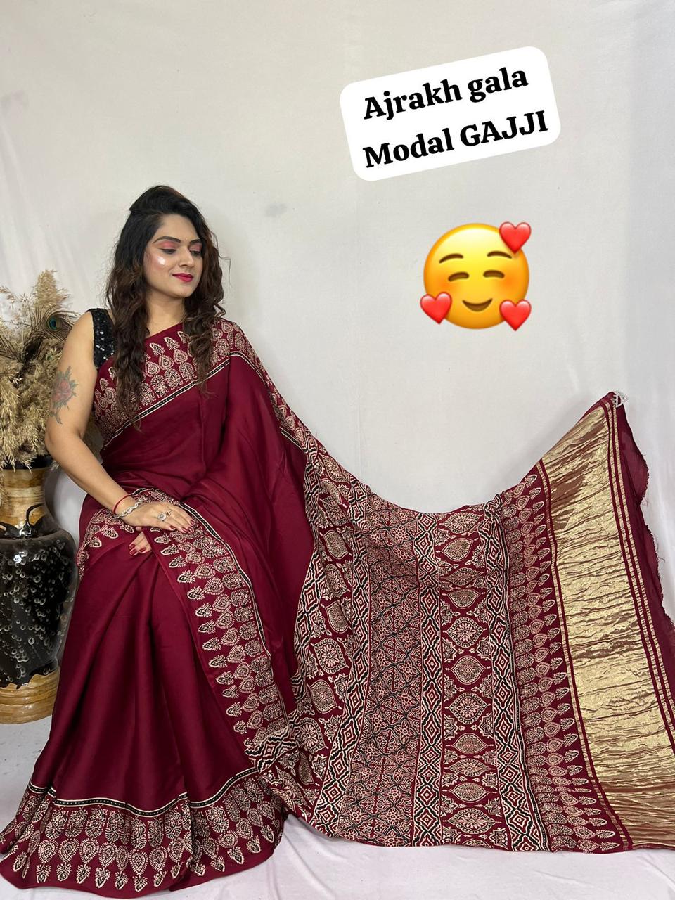 Pure Modal Silk Ajrakh Saree with Lagadi Patta (Hand Print)