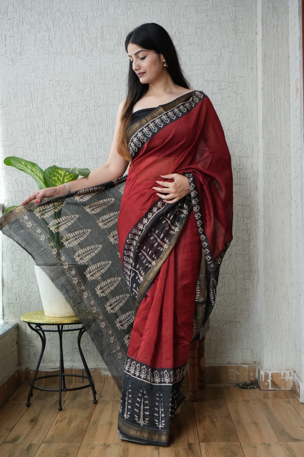 New Bagru Hand Block Printed Maheshwari Silk Saree