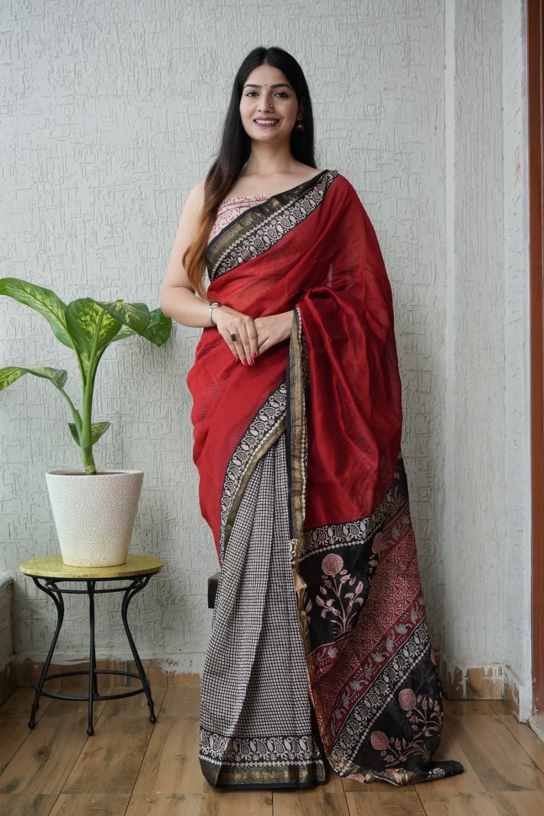 New Bagru Hand Block Printed Maheshwari Silk Saree