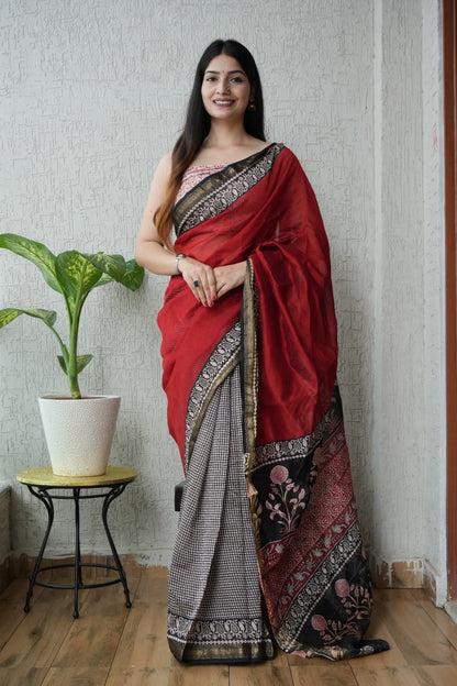 New Bagru Hand Block Printed Maheshwari Silk Saree