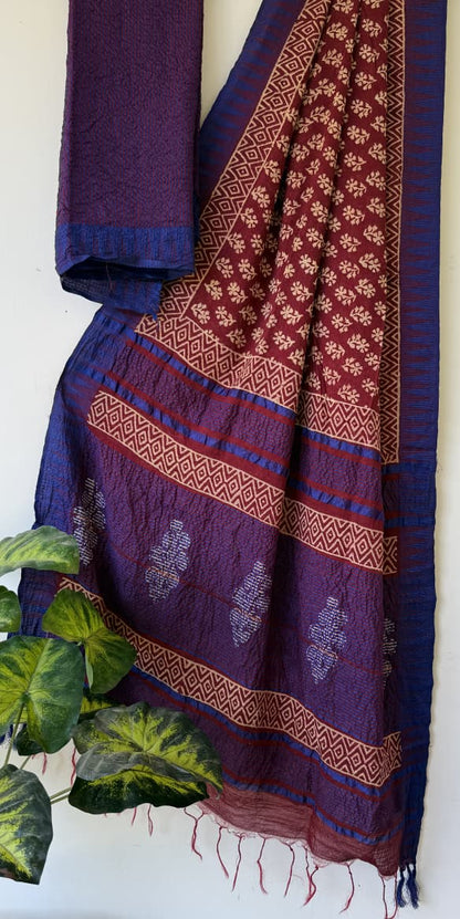 Hand Block Printed Cotton Silk Saree with Temple Border (Ajrakh & Dabu)