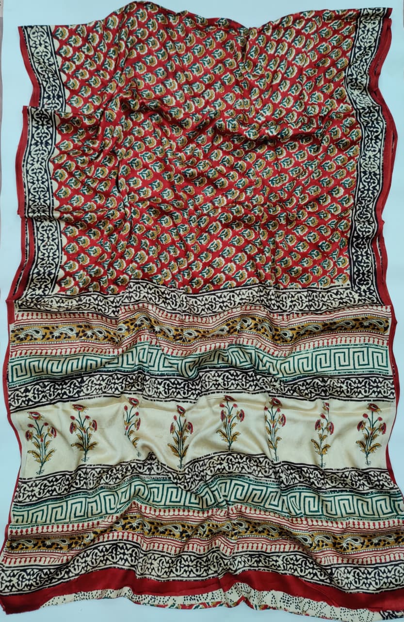 Premium Natural Ajrakh Hand Block Printed Modal Silk Saree