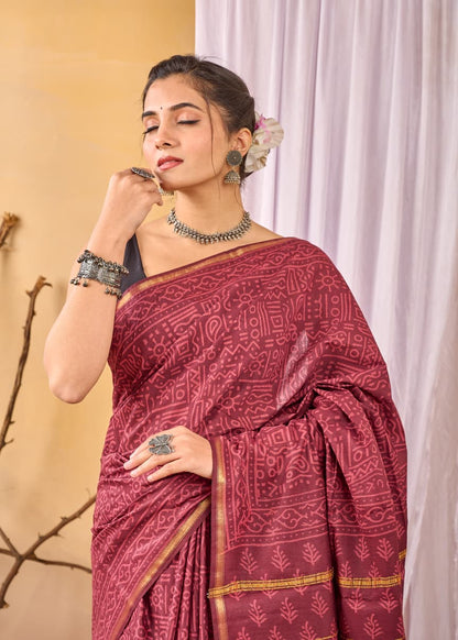 Chanderi Cotton Silk Saree | Hand Block, Dabu & Bagru Prints