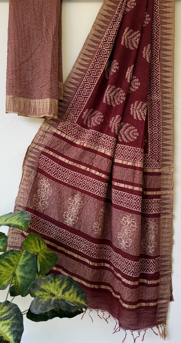 Hand Block Printed Cotton Silk Saree with Temple Border (Ajrakh & Dabu)