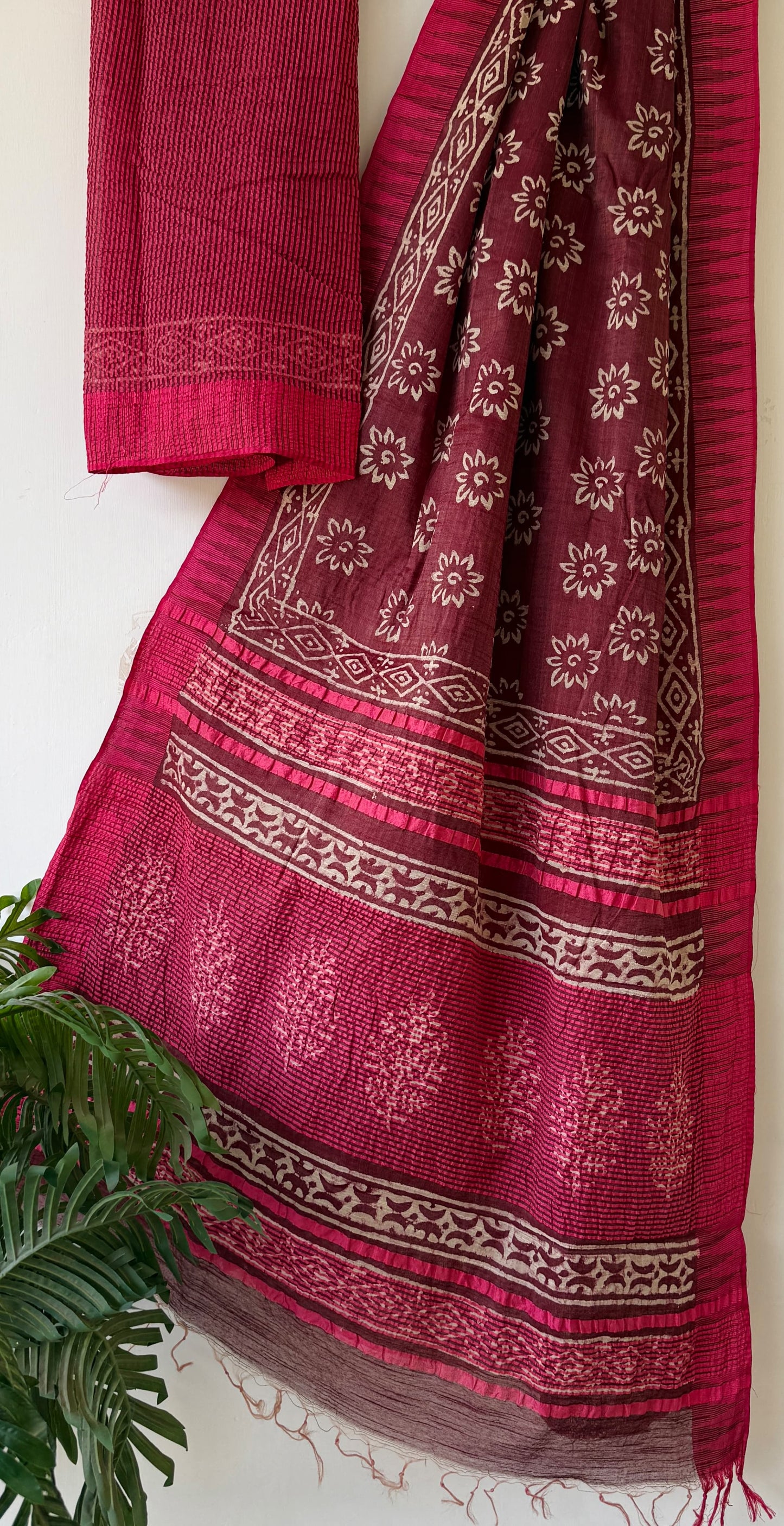 Hand Block Printed Cotton Silk Saree with Temple Border (Ajrakh & Dabu)